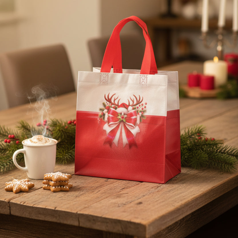 16/32pcs Christmas Gift Bags with Handles, Reusable Non Woven Holiday Party Favor Bags, Red Santa Bow Design for Presents, Candy, Treats