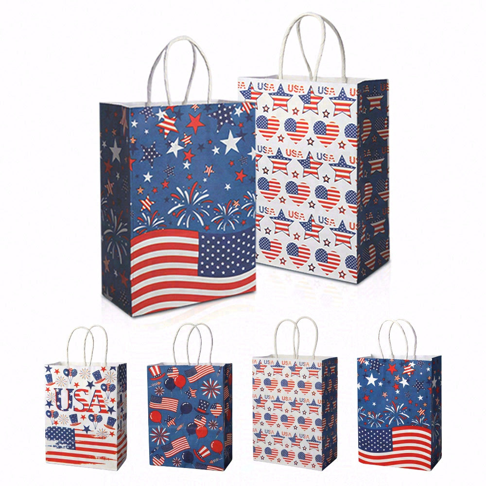 24/48pcs American Flag Gift Bags, Patriotic Party Favor Bags for 4th of July, Independence Day, Veterans Day, Memorial Day, Red White Blue Paper Treat Bags with Handles
