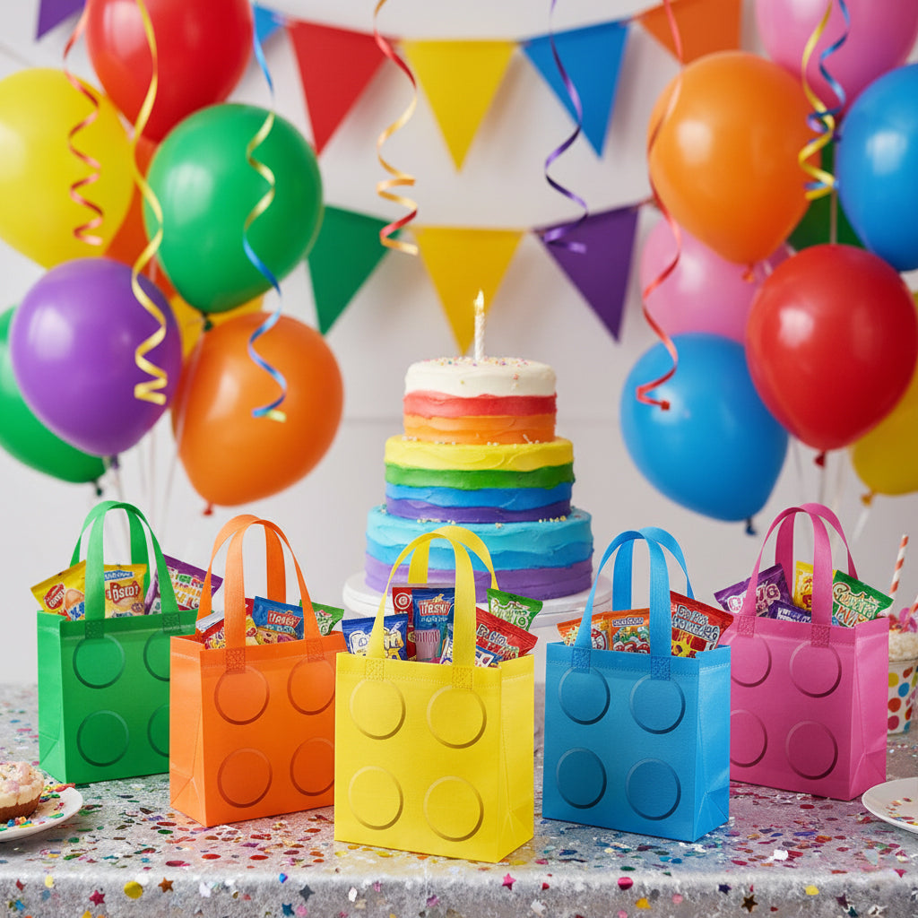 24/48pcs Rainbow-colored non-woven gift bags, round building block element tote bags, suitable for baby 100-day celebration souvenirs, birthday and wedding party gift packaging.