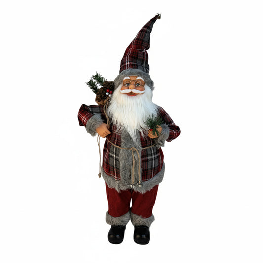 15.7In Plaid Santa Claus Figurine, Rustic Farmhouse Christmas Decoration for Mantel Table, Standing Santa with Glasses for Holiday Home Decor