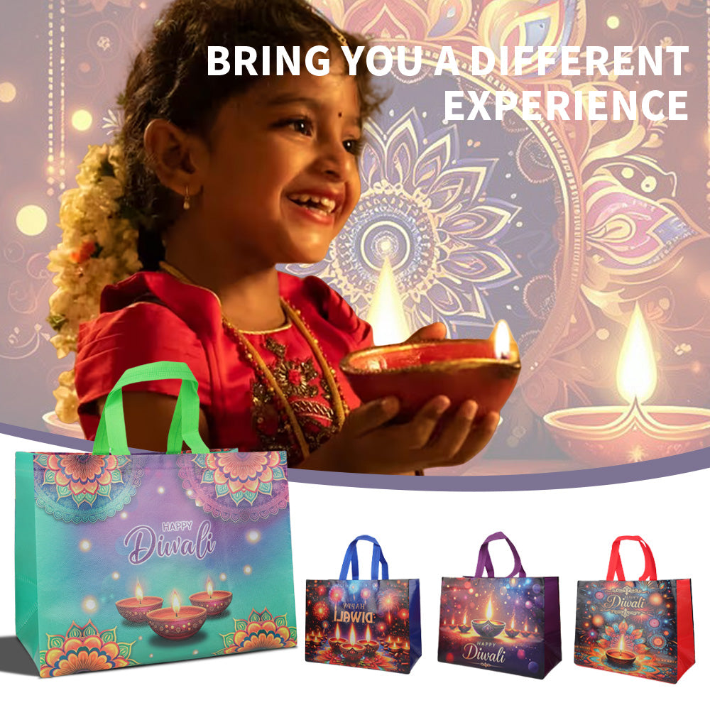 12/24pcs Happy Diwali Gift Bags, Reusable Non Woven Tote Bags for Diwali Party Favor, Indian Festival of Lights Candy Bags