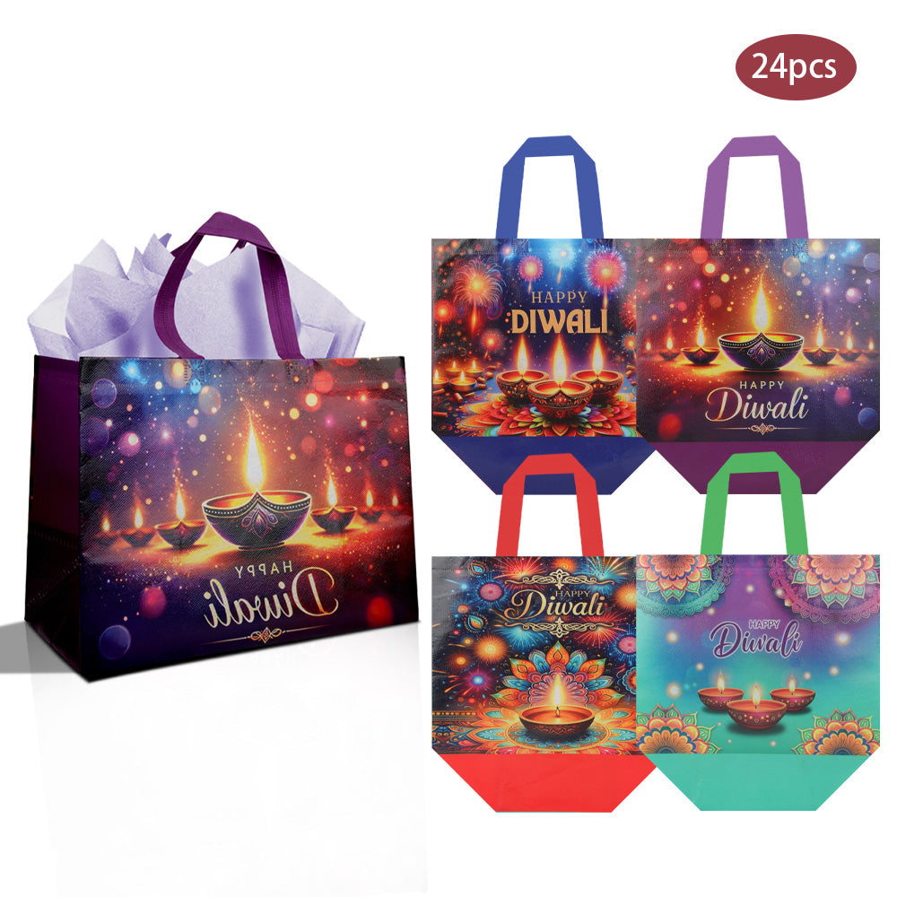 12/24pcs Happy Diwali Gift Bags, Reusable Non Woven Tote Bags for Diwali Party Favor, Indian Festival of Lights Candy Bags