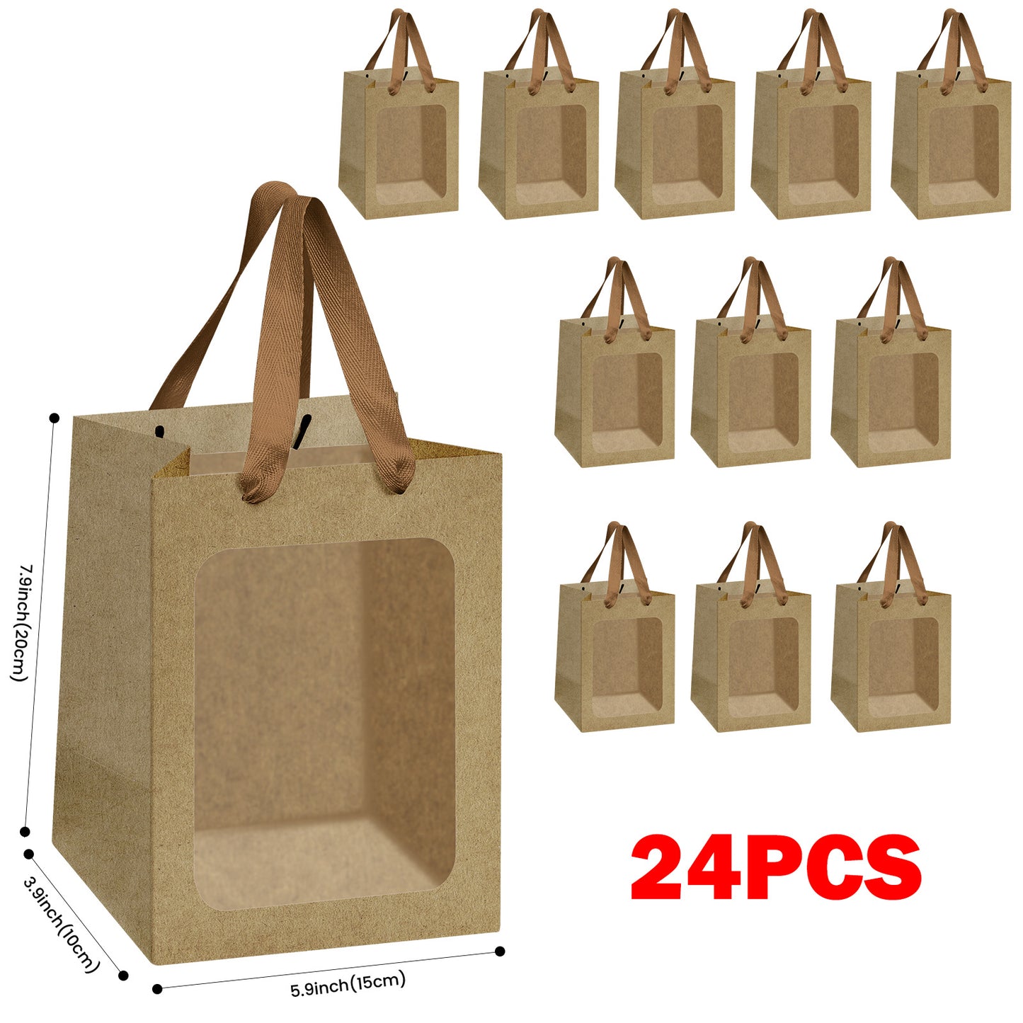 8/12/16/24pcs Brown Kraft Paper Gift Bags with Clear Window and Handles, Perfect for Cookies, Bakery, Party Favors, Christmas and Thanksgiving