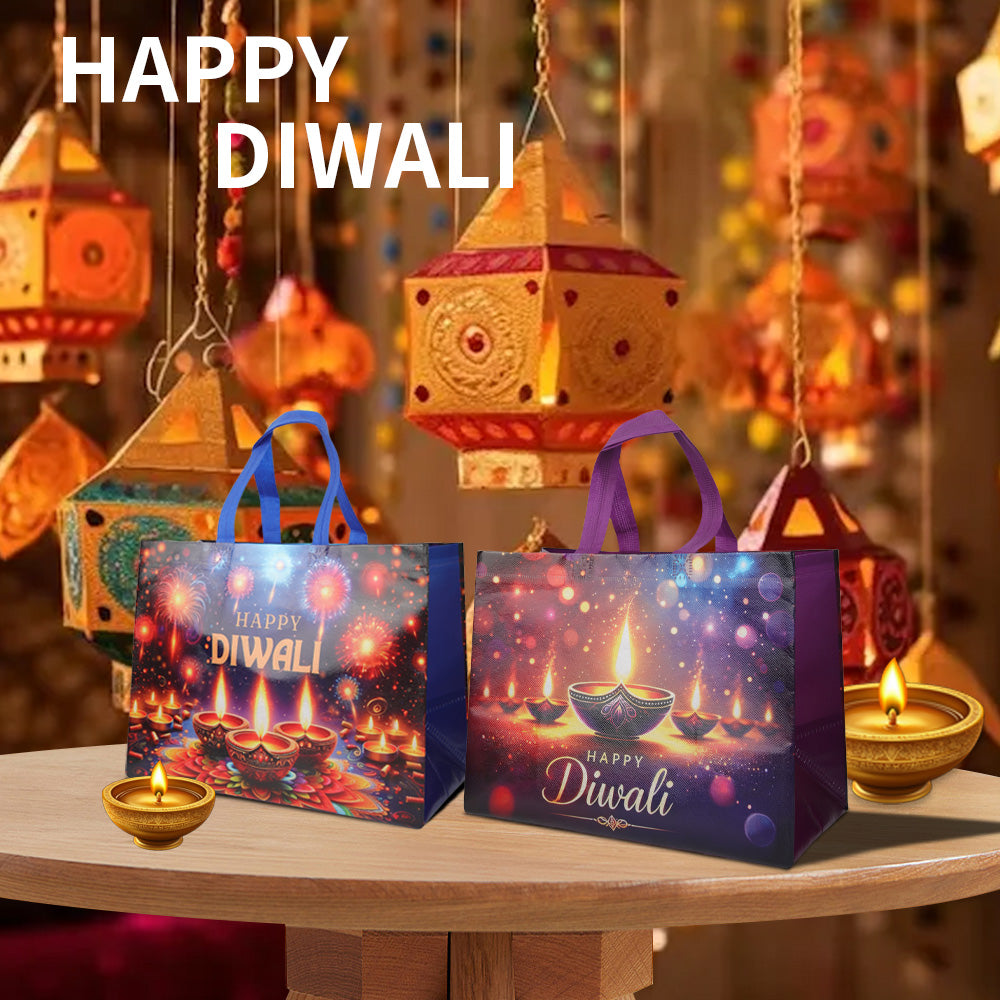 12/24pcs Happy Diwali Gift Bags, Reusable Non Woven Tote Bags for Diwali Party Favor, Indian Festival of Lights Candy Bags