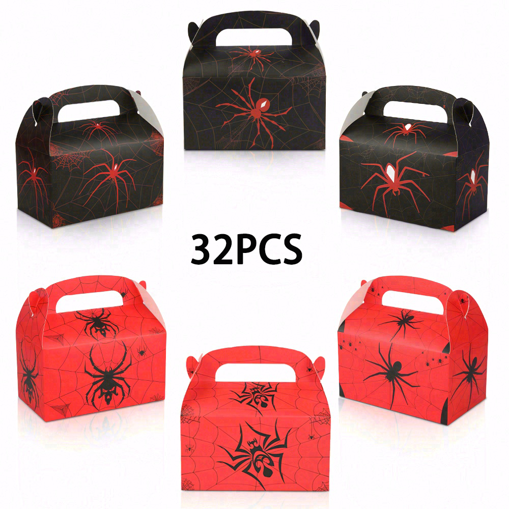 16/32pcs Halloween Spider Treat Boxes, Black Red Cobweb Party Favor Boxes with Handles for Kids Trick or Treat Candy Holder