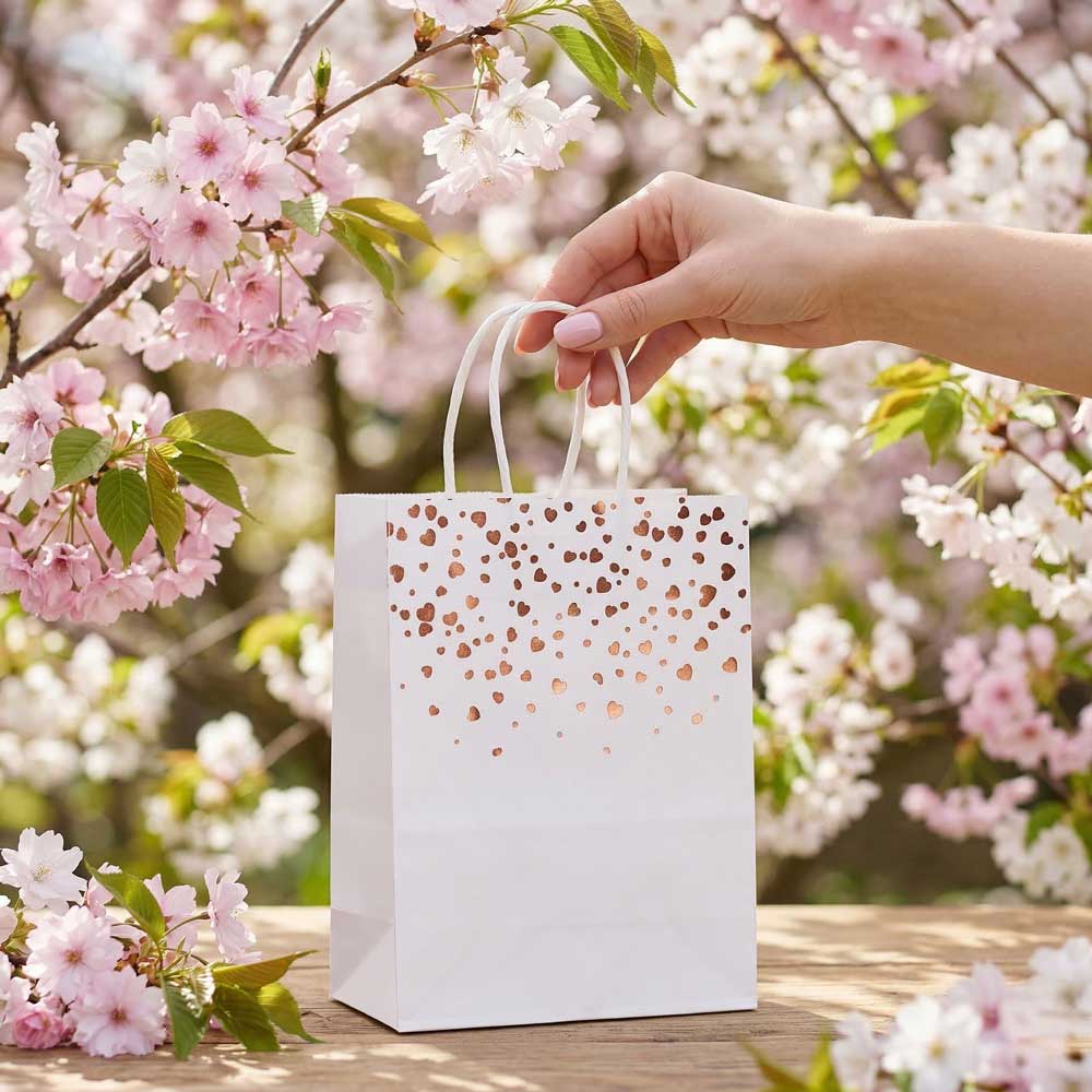 20/40pcs Valentine's Day Gift Bag, Rose Gold Heart Pattern Paper Bags for Wedding Favor, Party, Birthday, Small Gift Bags for Her