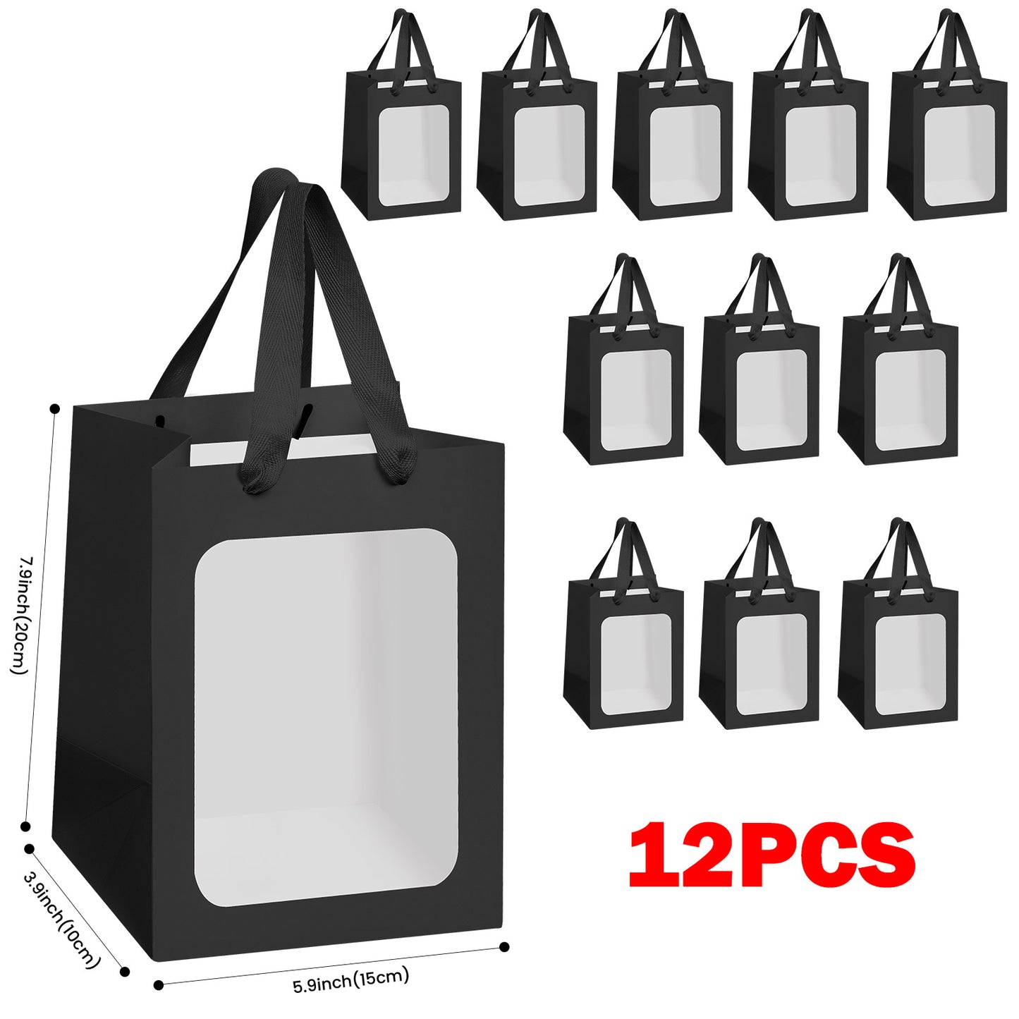 8/12/16/24pcs Black Gift Bags with Clear Window, Paper Shopping Bags with Handles for Jewelry, Wedding Favor, Party, Flower