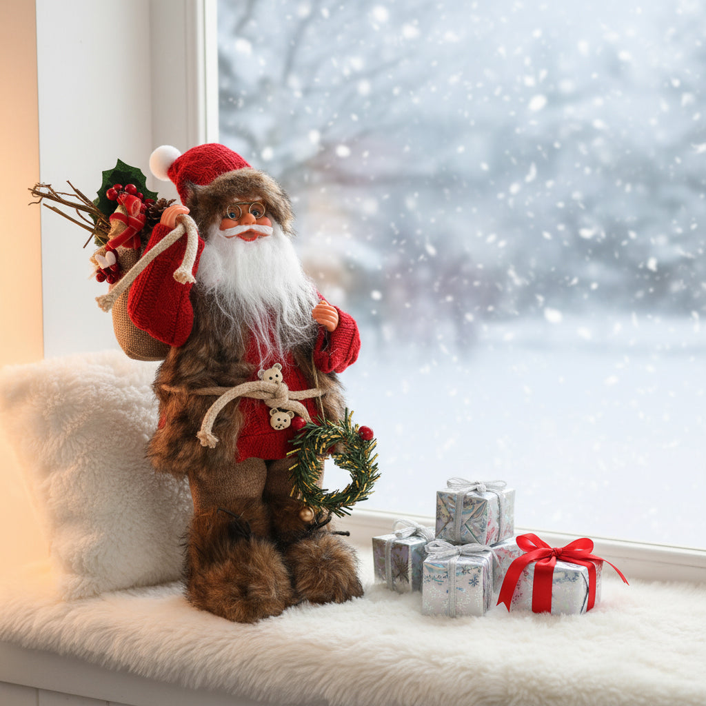 15.7in Rustic Santa Claus Figurine, Faux Fur Knit Santa Claus Standing Decoration for Indoor Home, Mantel & Shelf Christmas Party Supplies