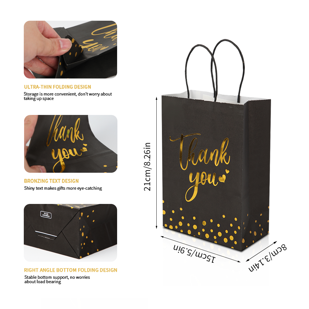24/48pcs Black and Gold Thank You Gift Bags, Luxury Paper Gift Bags with Handles for Birthday, Wedding, Christmas Party