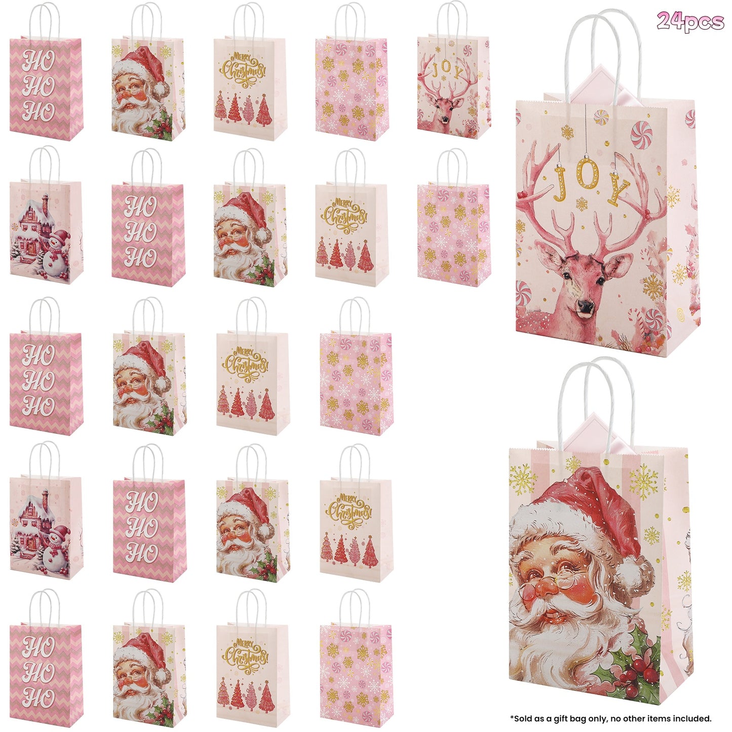24/48pcs Pink Christmas Gift Bags with Santa Claus Design, Retro Holiday Party Favor Bags for Kids, Christmas Treat Bags
