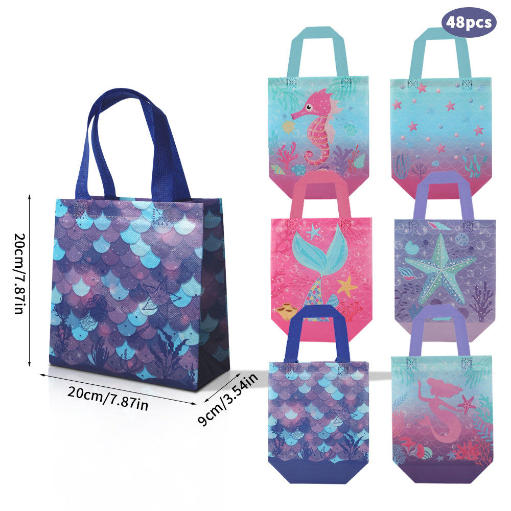 24/48pcs Mermaid Party Favor Bags, Under the Sea Theme Kids Birthday Party Supplies, Reusable Non Woven Goody Bags for Treats and Candy