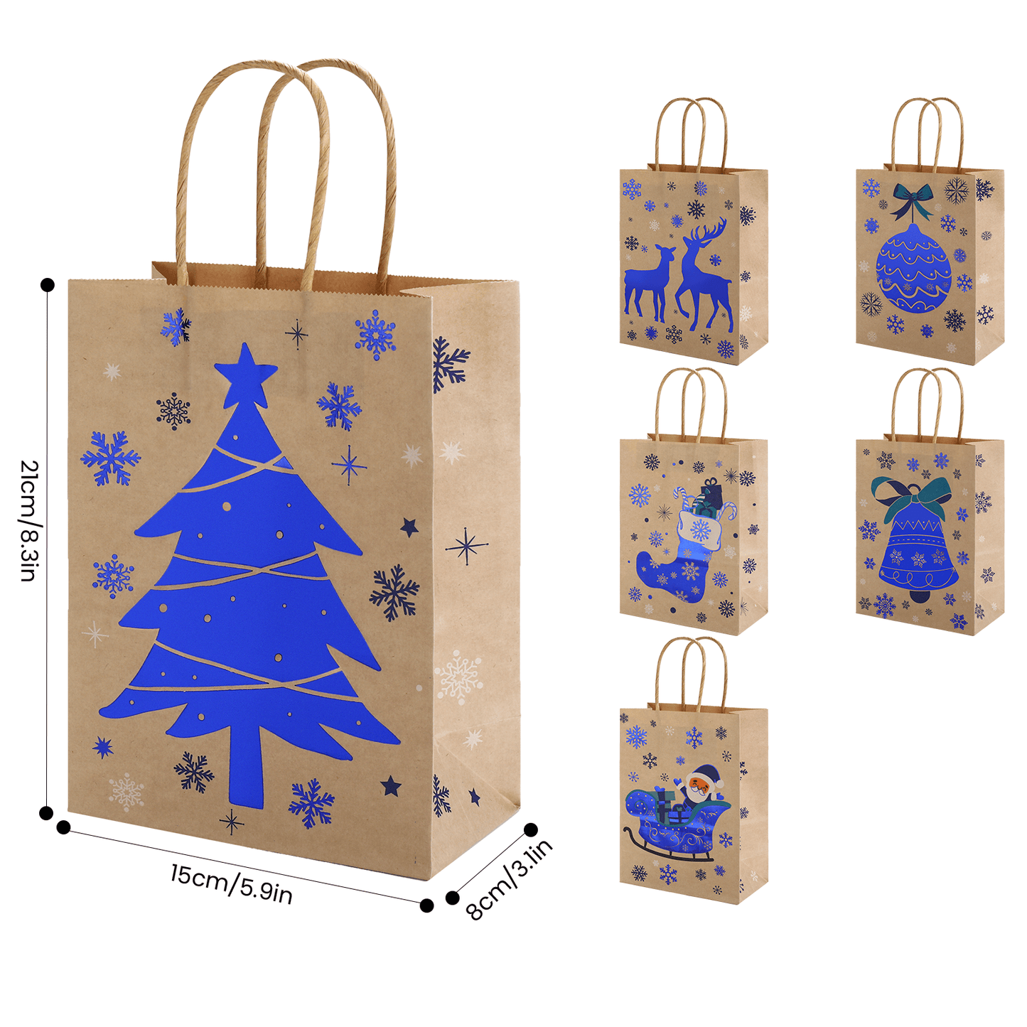 24/48pcs Christmas Kraft Gift Bags, Blue Printed Snowflake & Tree Paper Gift Bags Assorted Designs Holiday Party Supplies