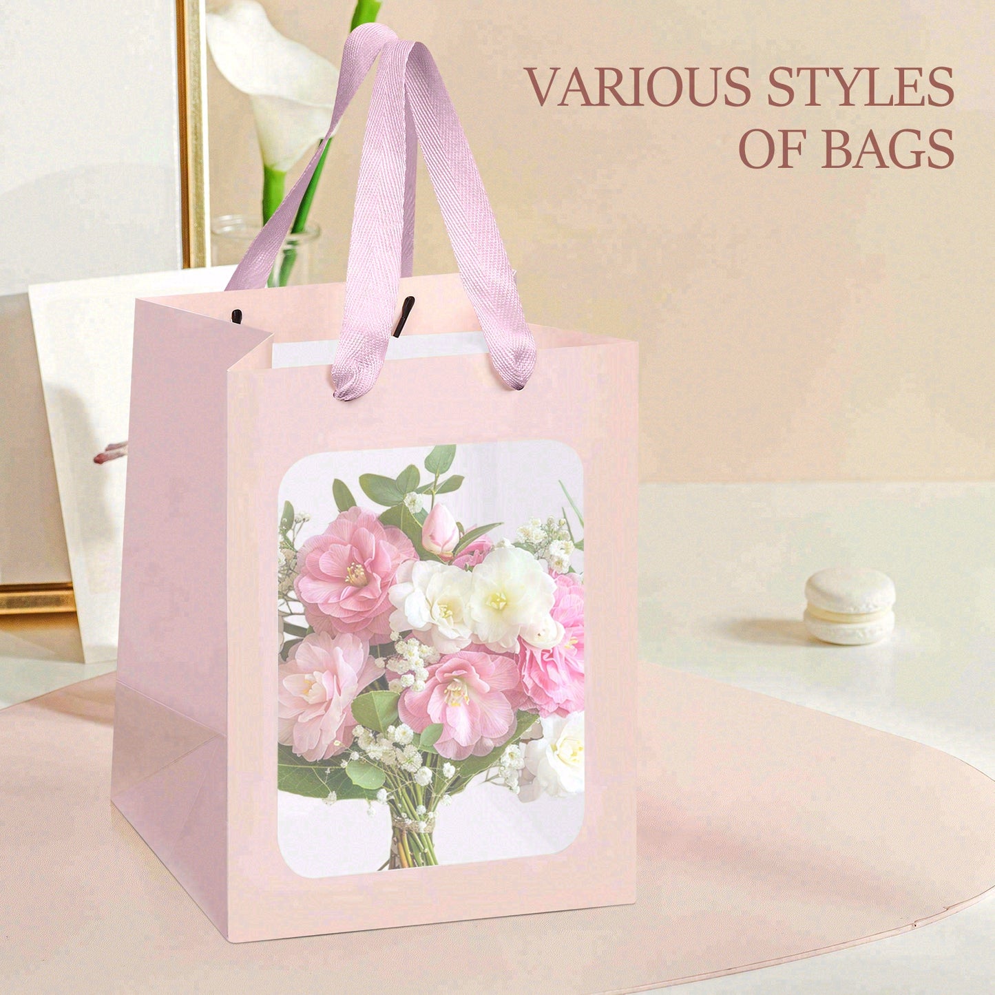 8/12/16/24pcs Pink Flower Gift Bags with Clear Window, Bouquet Paper Bags for Birthday, Wedding, Valentine's Day, Mother's Day, Graduation Party Favors