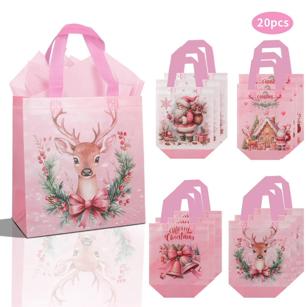 20/40pcs Cute Pink Christmas Deer Gift Bags with Handles, Reusable Non Woven Holiday Tote Bags for Kids Presents, Party Favors, and Candy
