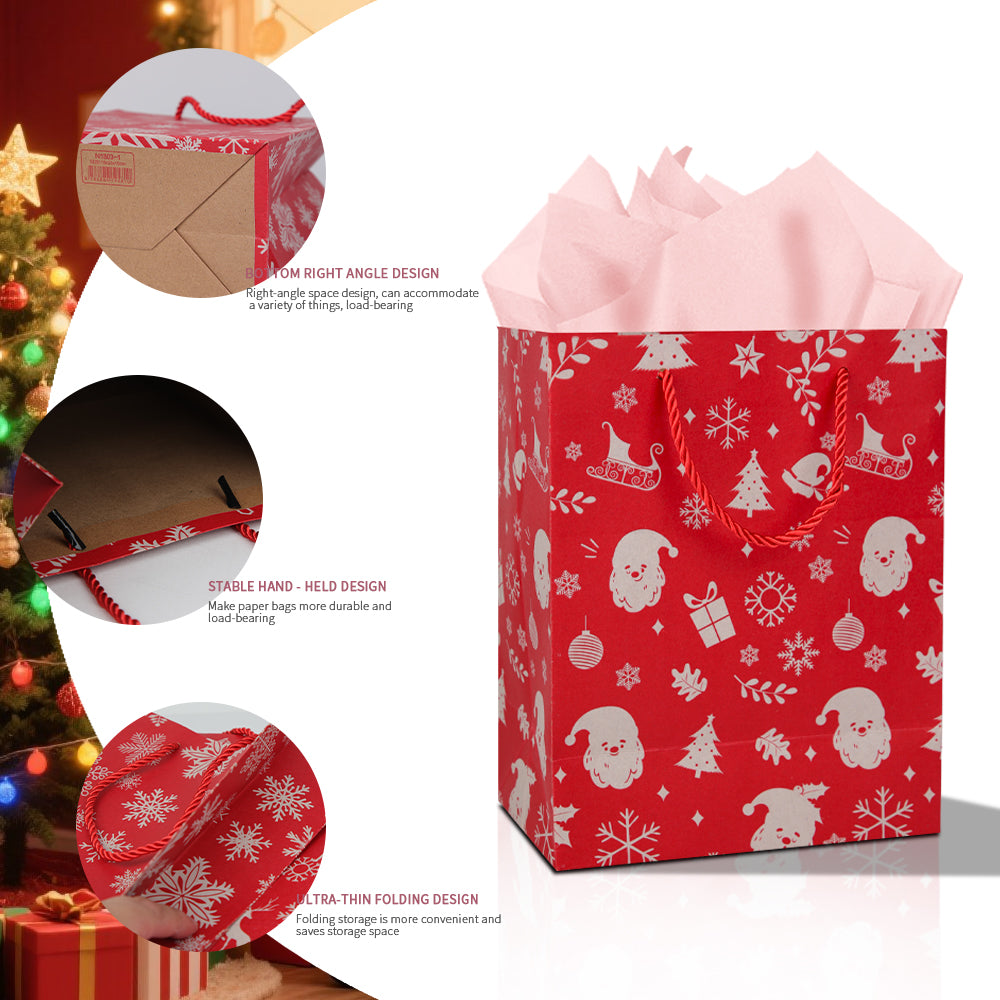 10/20pcs Red Kraft Paper Christmas Gift Bags with Handles, Santa Claus and Snowflake Design, Holiday Party Favor Treat Bags