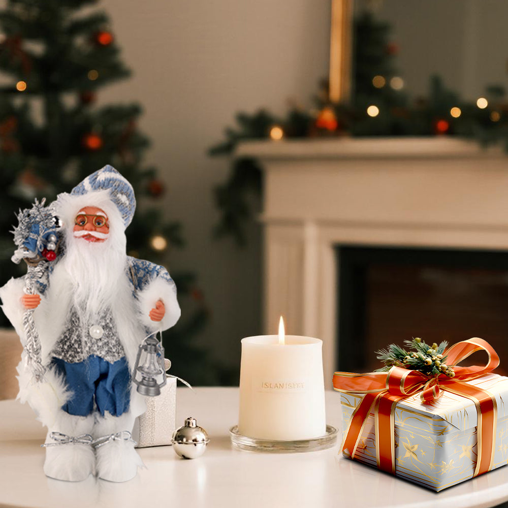 15.7in Blue Santa Claus Figurine with Lantern, Nordic Winter Christmas Decor for Mantel, Tabletop, and Home, Resin Standing Santa Statue, Christmas Gift