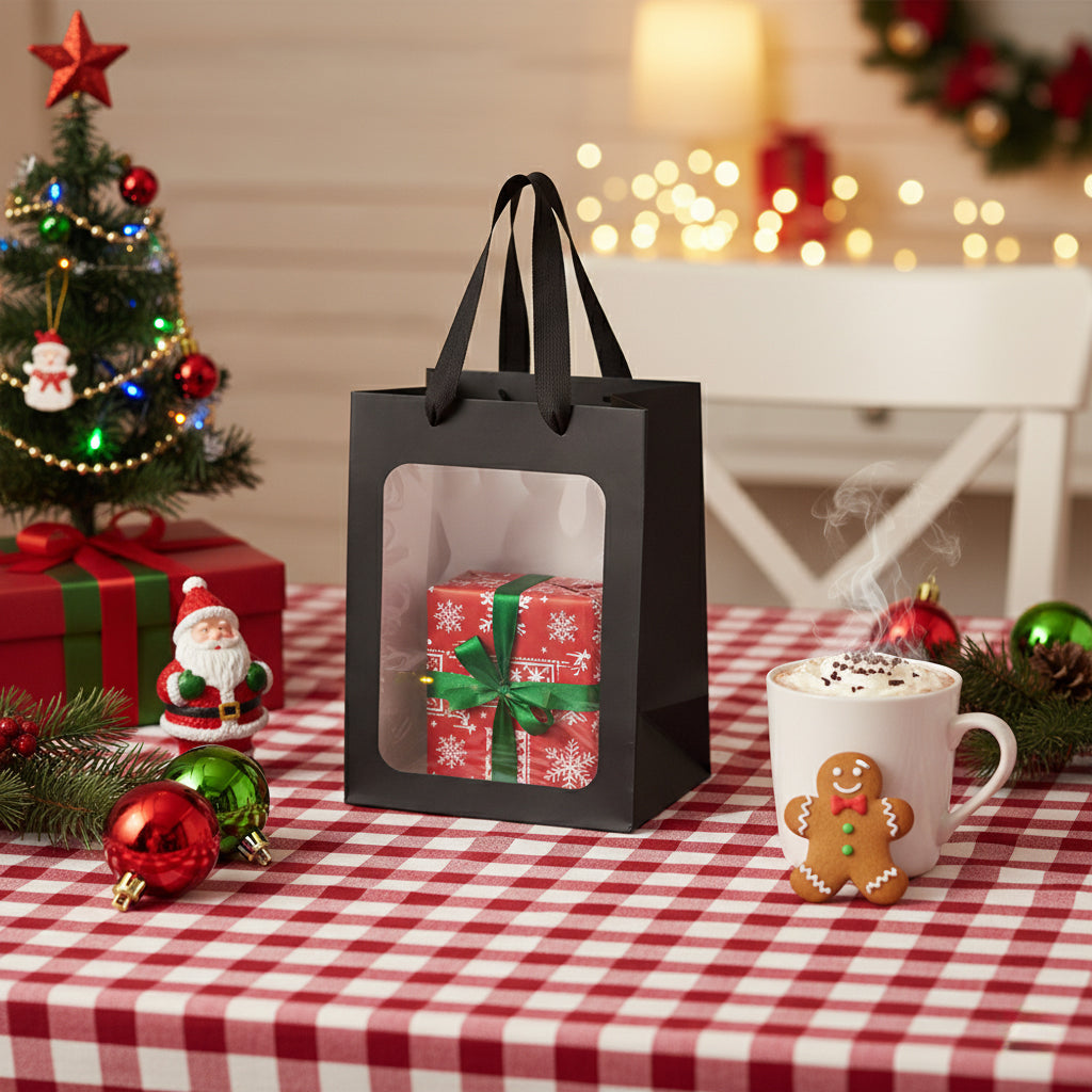 8/12/16/24pcs Black Gift Bags with Clear Window, Paper Shopping Bags with Handles for Jewelry, Wedding Favor, Party, Flower