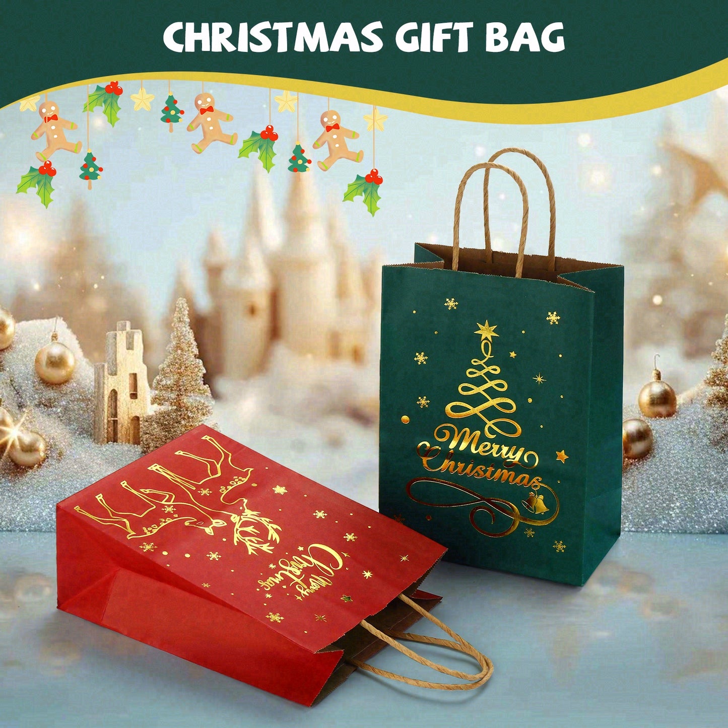 24/48pcs Christmas Paper Gift Bags, Red Green Gold Foil Printed Reindeer & Tree Design, Holiday Party Supplies