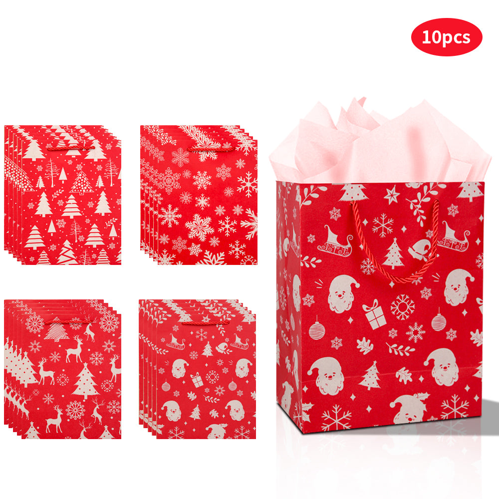 10/20pcs Red Kraft Paper Christmas Gift Bags with Handles, Santa Claus and Snowflake Design, Holiday Party Favor Treat Bags