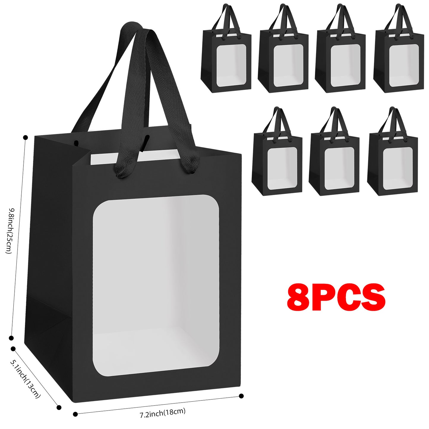 8/12/16/24pcs Black Gift Bags with Clear Window, Paper Shopping Bags with Handles for Jewelry, Wedding Favor, Party, Flower