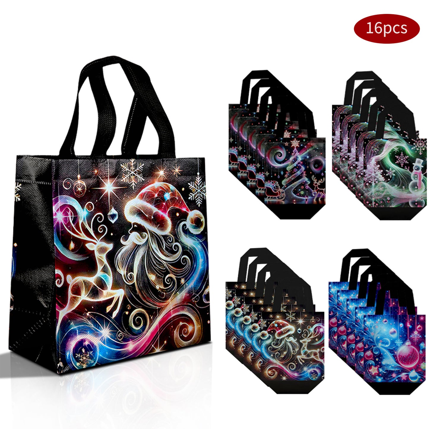 16/32pcs Reusable Non Woven Christmas Gift Bags with Santa, Reindeer and Snowman Design for Holiday Party Favors