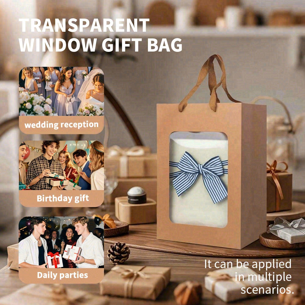 6/12pcs Kraft Gift Bags with Clear Window, Brown Paper Party Favor Bags for Bakery Cookies Candy Wedding