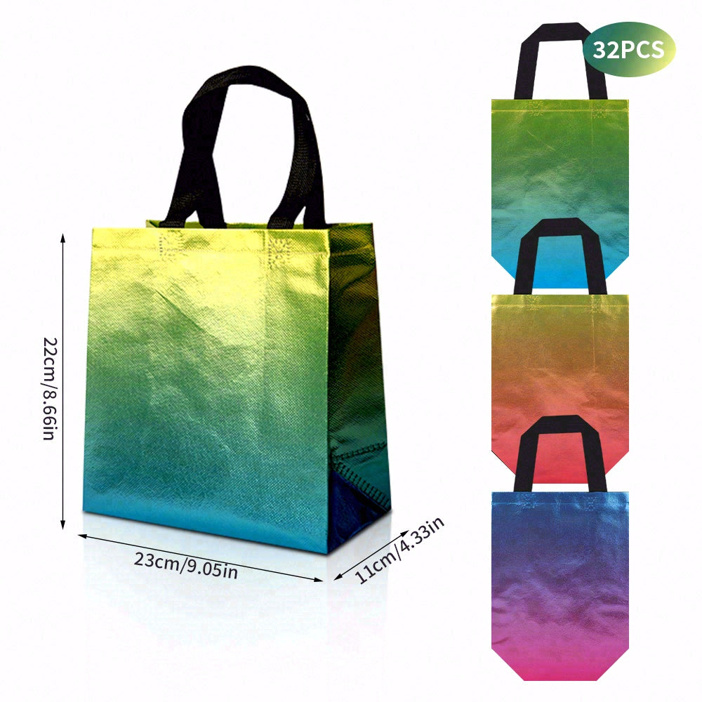 16/32pcs Holographic Gift Bags, Laser Rainbow Gradient Non-Woven Tote Bags with Handles for Birthday, Wedding, Christmas Party Favor Supplies