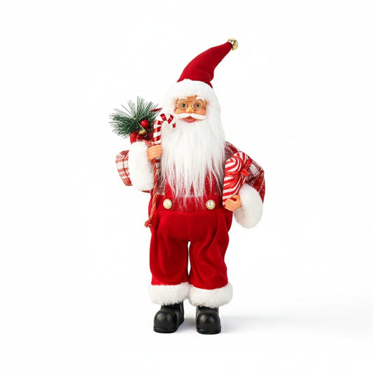 15.7in Christmas Santa Claus Figurine, Red Velvet Santa with Candy Cane, Classic Holiday Table Decor for Mantel and Shelf, Indoor Christmas Decoration