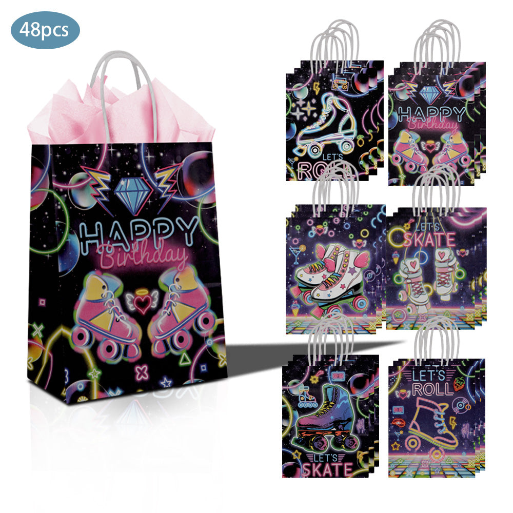 24/48pcs Retro Roller Skating Birthday Gift Bags, Neon Disco Theme Party Favor Bags for Kids, Let's Roll