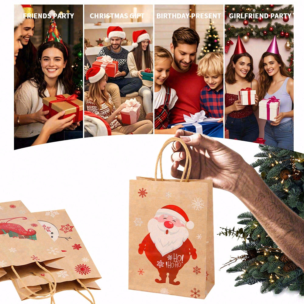 24/48pcs Christmas Gift Bags with Handles, Kraft Paper Holiday Party Favor Bags, Assorted Santa Snowman Reindeer Designs for Xmas Cookies Treats Goody Bags