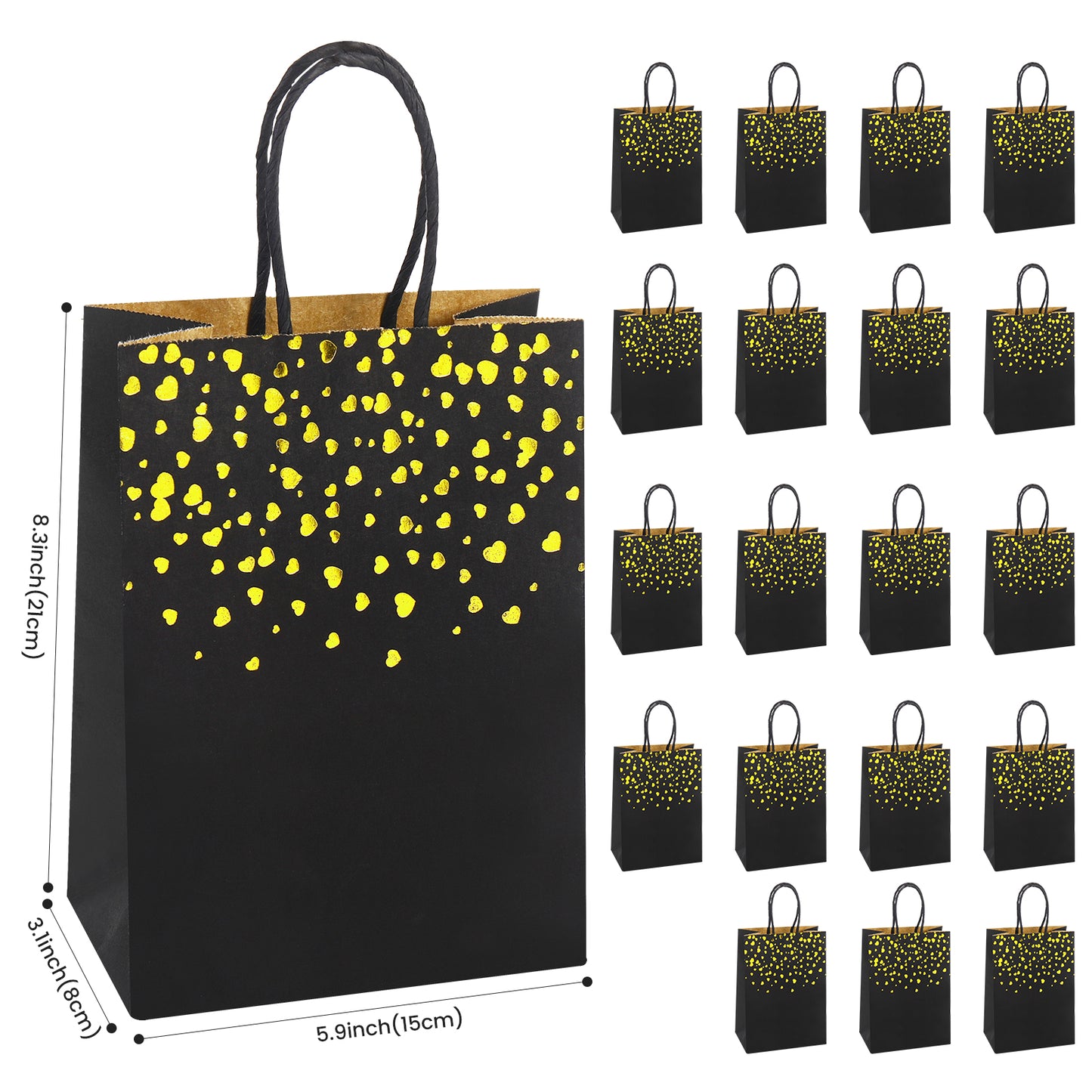 20/40pcs Black Gold Heart Paper Gift Bags, Luxury Party Favor Bags for Valentine's Day, Weddings, and Birthdays.