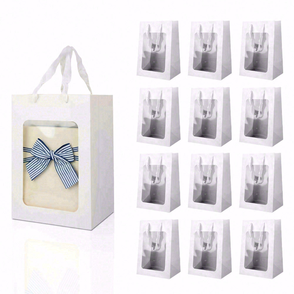 6/12pcs Clear Window Gift Bags, White Paper Party Favor Bags for Wedding, Birthday, Candy, Cookies, Bakery Packaging