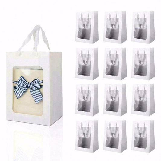 6/12pcs Clear Window Gift Bags, White Paper Party Favor Bags for Wedding, Birthday, Candy, Cookies, Bakery Packaging