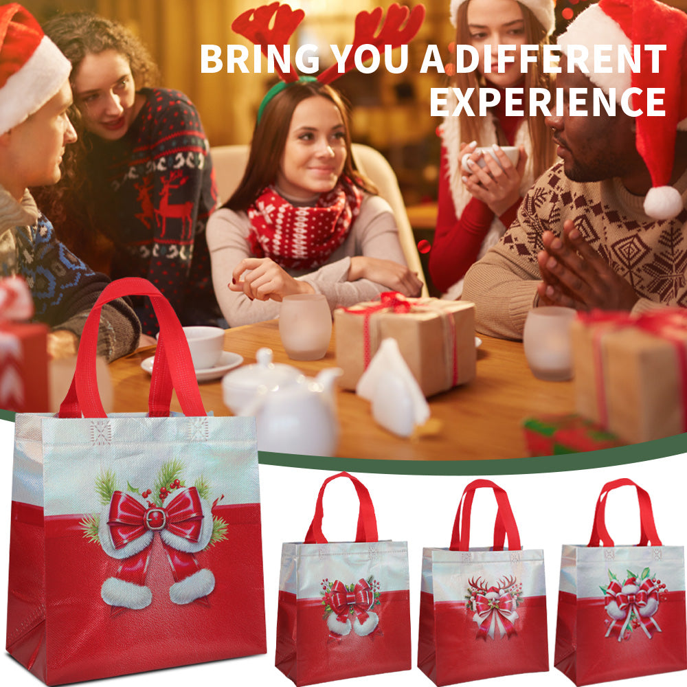16/32pcs Christmas Gift Bags with Handles, Reusable Non Woven Holiday Party Favor Bags, Red Santa Bow Design for Presents, Candy, Treats