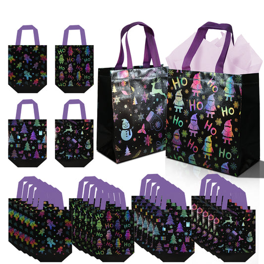 16/32pcs Holographic Christmas Gift Bags with Handles, Black Shiny Holiday Party Favor Bags for Candy, Treats, Stocking Stuffers