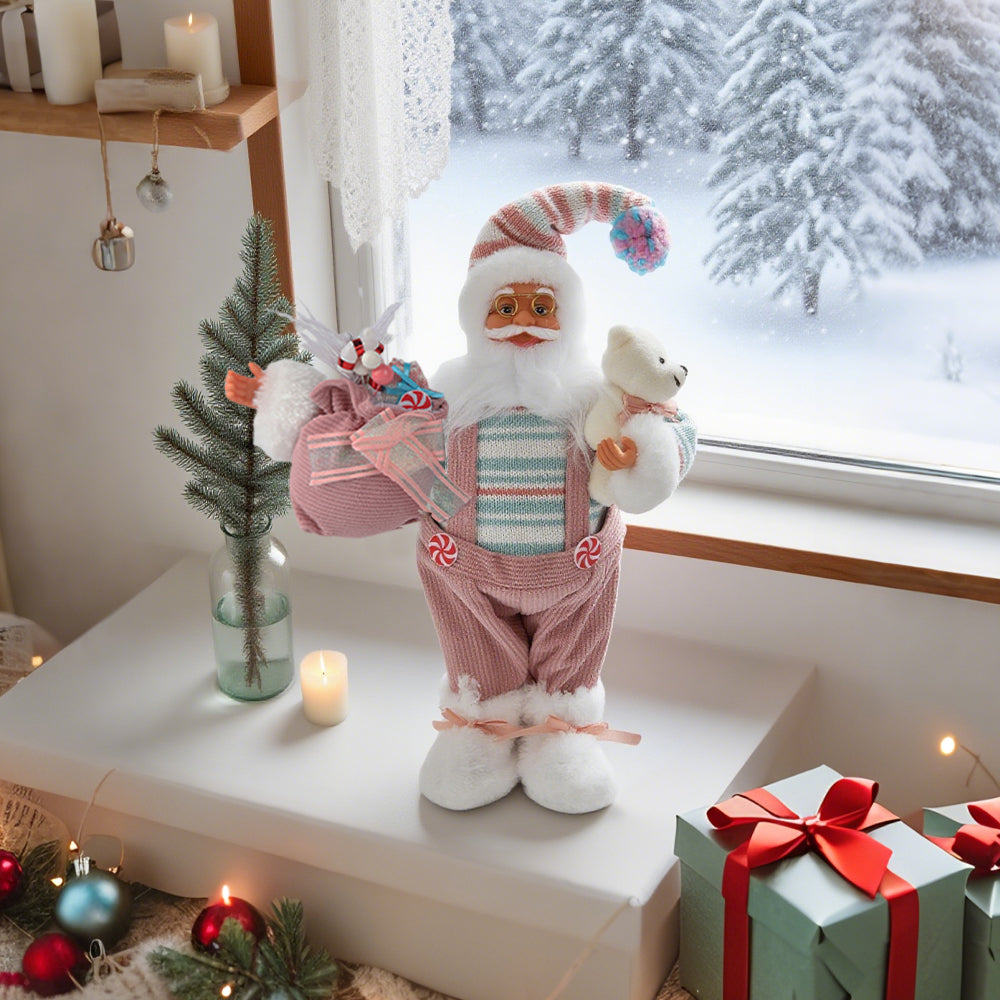 15.7/23.6/33.5in Pink Christmas Santa Claus Figurine with Gift Bag, Cute Christmas Table Top Decor for Home, Mantel, and Shelf, Festive Holiday Decoration