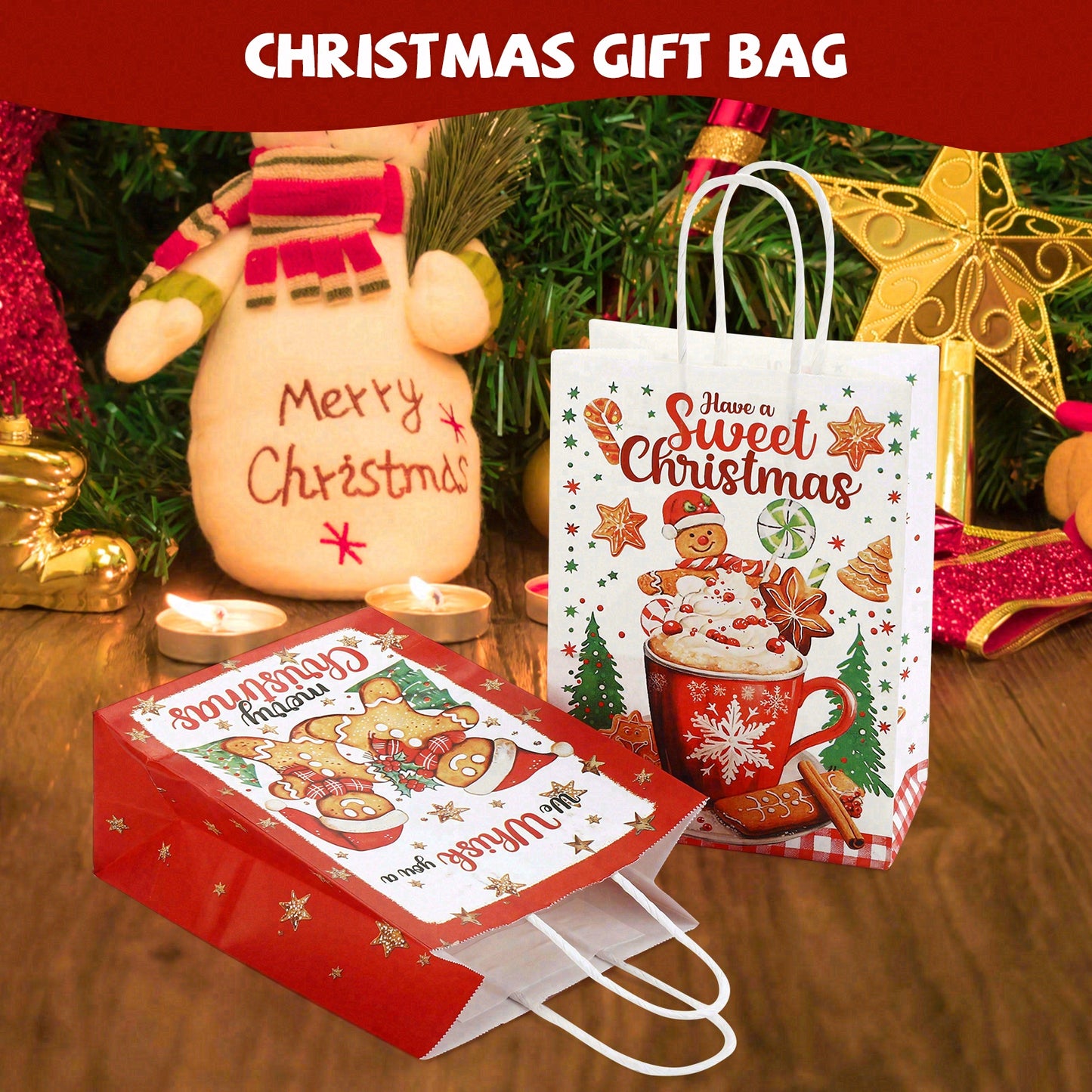 24/48pcs Christmas Gift Bags, Holiday Party Supplies, Gingerbread Man & Hot Chocolate Design, Small Paper Treat Bags with Handles for Kids, Teachers, Co-workers, Family
