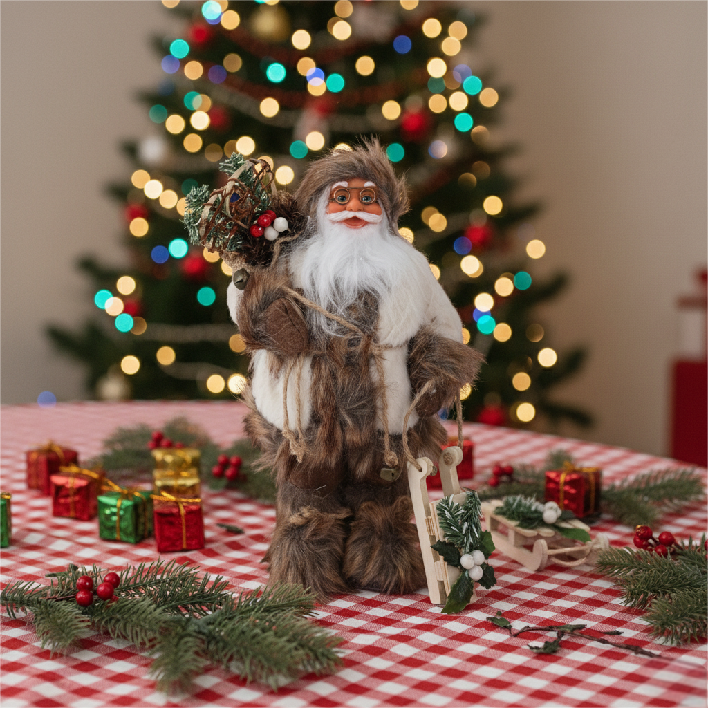 15.7In Rustic Santa Claus Figurine with Sled, Primitive Christmas Decoration for Tabletop Mantel, Farmhouse Holiday Home Decor