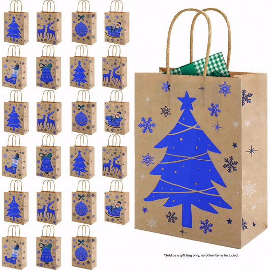 24/48pcs Christmas Kraft Gift Bags, Blue Printed Snowflake & Tree Paper Gift Bags Assorted Designs Holiday Party Supplies