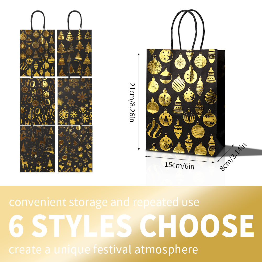 18/36pcs Christmas Gift Bags Black Gold Foil | Luxury Holiday Party Favor Bags with Handles | Elegant Christmas Tree Ornament Snowflake Reindeer Design