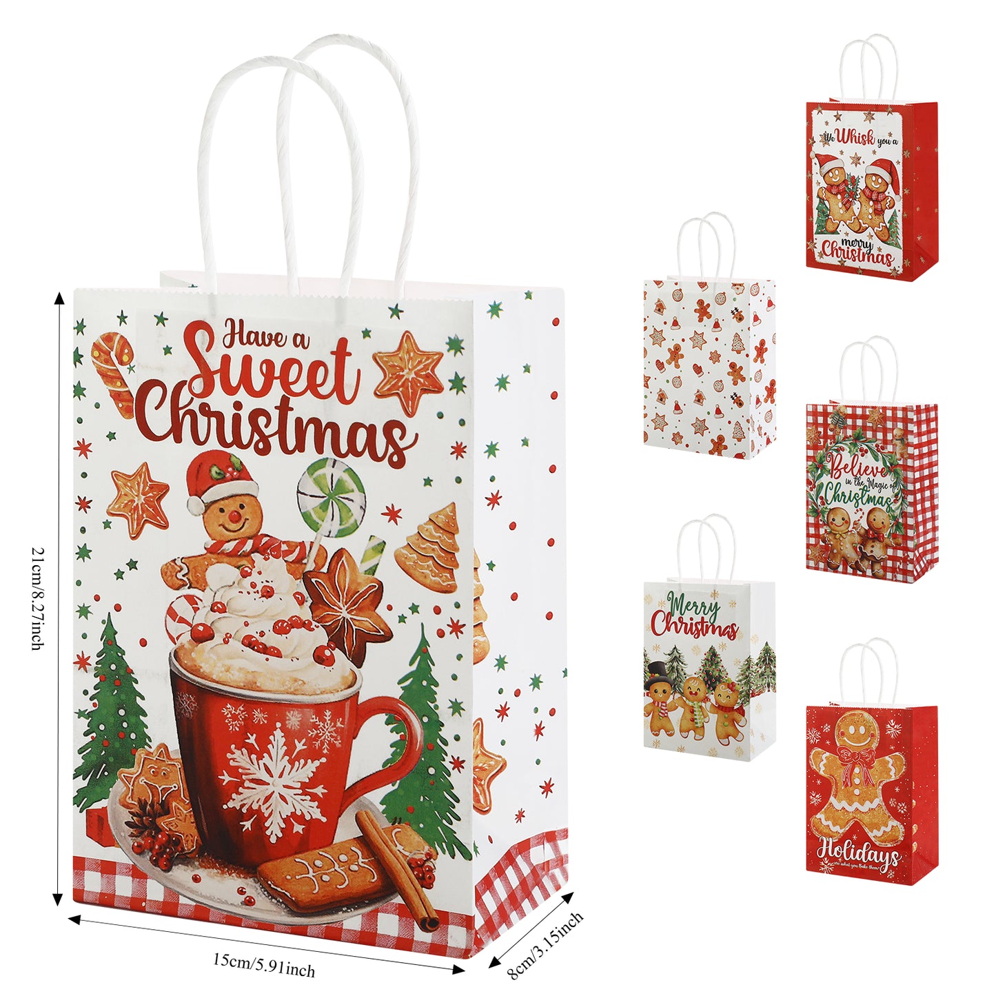 24/48pcs Christmas Gift Bags, Holiday Party Supplies, Gingerbread Man & Hot Chocolate Design, Small Paper Treat Bags with Handles for Kids, Teachers, Co-workers, Family