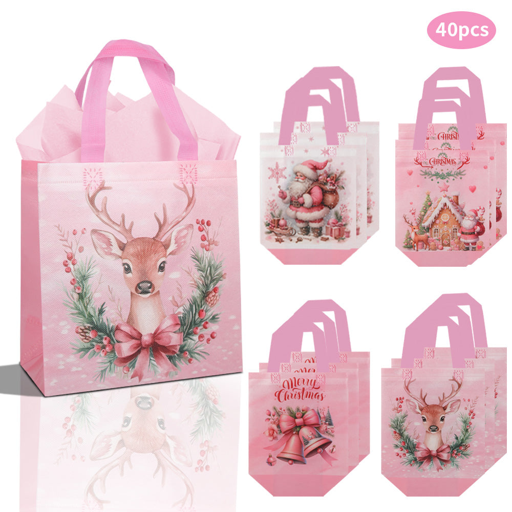 20/40pcs Cute Pink Christmas Deer Gift Bags with Handles, Reusable Non Woven Holiday Tote Bags for Kids Presents, Party Favors, and Candy