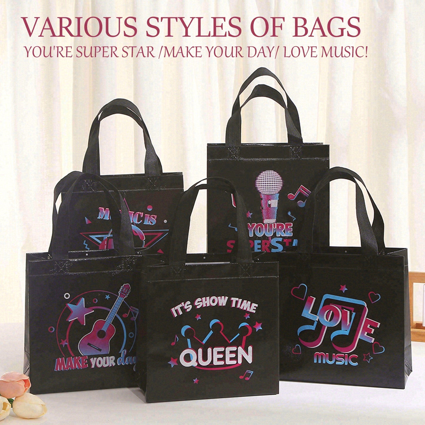 25pcs Music Theme Non-Woven Gift Bags for Birthday Party, KTV, and Concert  "It's Show Time" & "Superstar" Design