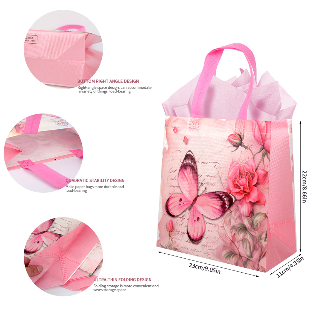 20/40pcs Pink Butterfly Gift Bags for Birthday, Wedding, Valentine's Day Party Favor Bags, Floral Tote Bags for Women