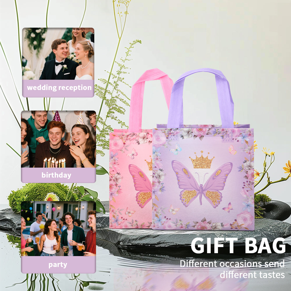 24/48pcs Butterfly Party Favor Bags, Princess Goodie Bags for Kids Birthday Party, Pink Purple Butterfly Crown Gift Bags for Girls