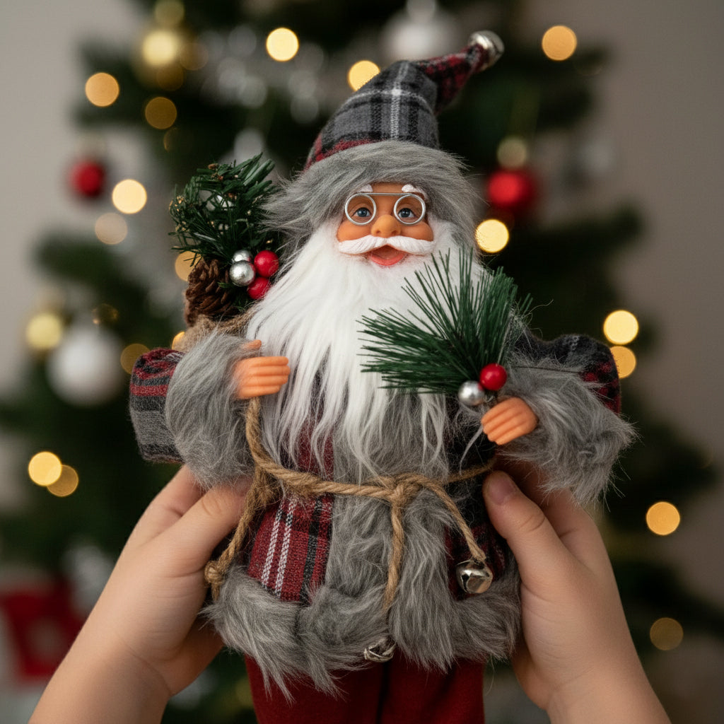 15.7In Plaid Santa Claus Figurine, Rustic Farmhouse Christmas Decoration for Mantel Table, Standing Santa with Glasses for Holiday Home Decor