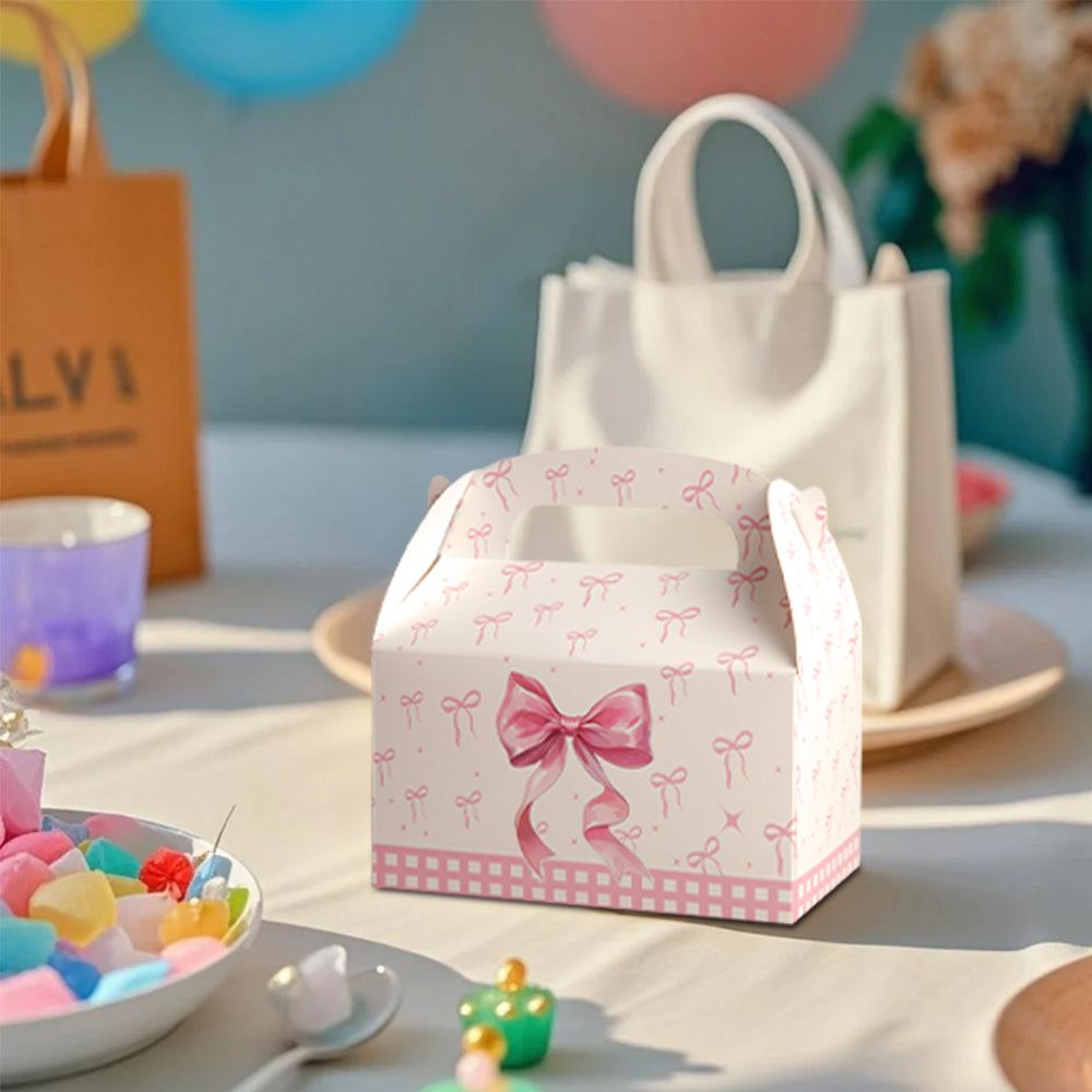 16/32pcs Pink Bow Gift Boxes with Handle, Party Favor Boxes for Birthday Wedding Baby Shower, Candy Cookie Dessert Packaging Boxes