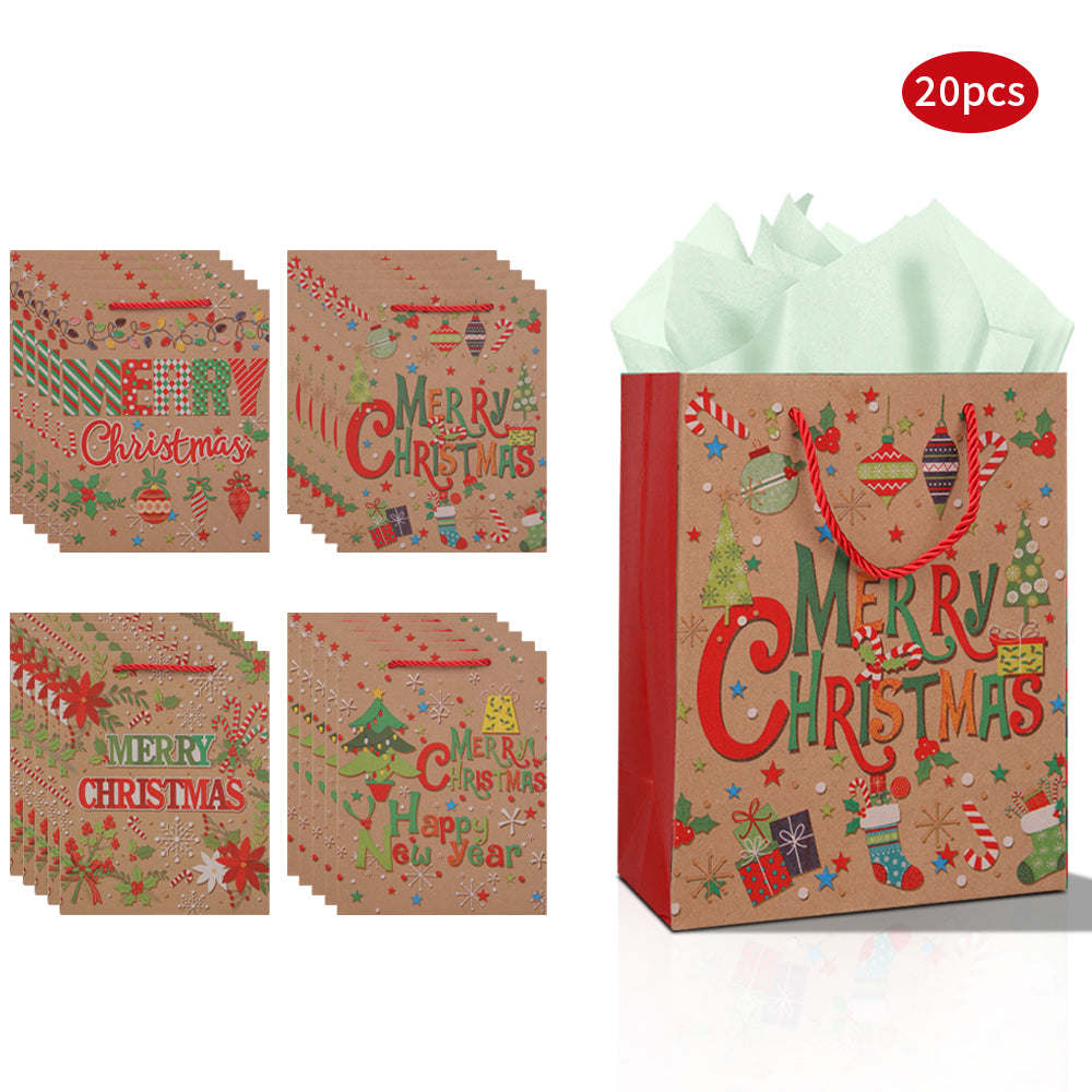10/20pcs Christmas Gift Bags with Rope Handle, Assorted Merry Christmas Kraft Paper Bags for Holiday Party Favors, Treats & Cookie Packaging