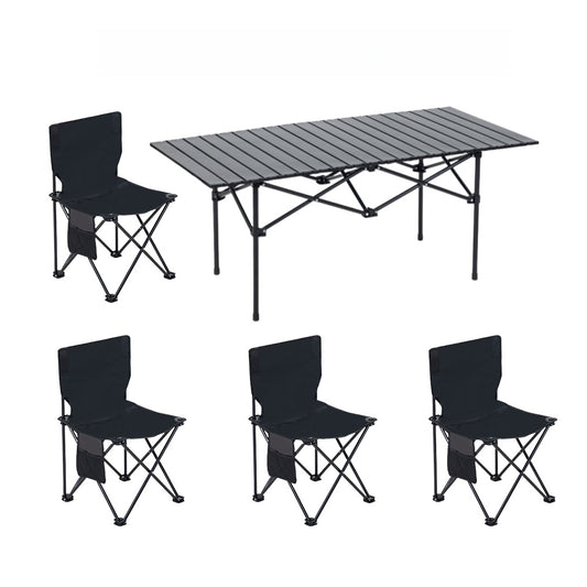 5 Piece Camping Table and Chairs Set, Portable Outdoor Folding Table & 4 Chairs with Carry Bag, Heavy Duty Aluminum Roll Up Table for Picnic, Beach, Backyard, Tailgate Party (Black)