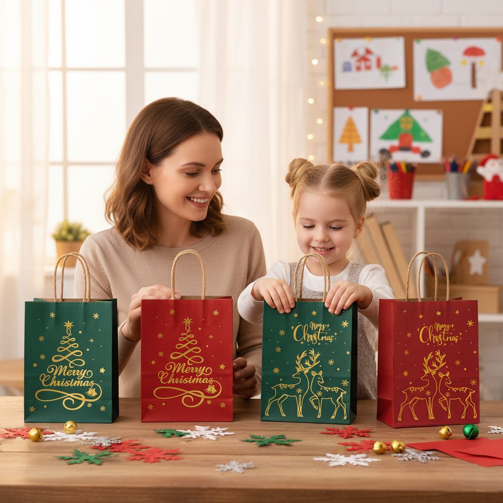 24/48pcs Christmas Paper Gift Bags, Red Green Gold Foil Printed Reindeer & Tree Design, Holiday Party Supplies